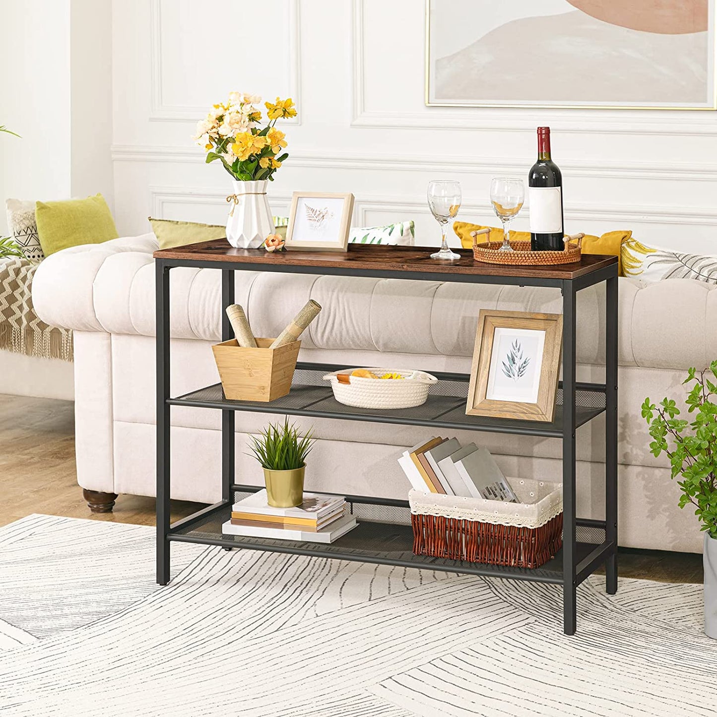 Console Table, Sofa Table with 2 Flat or Slant Adjustable Mesh Shelves, Hallway Table and Sideboard