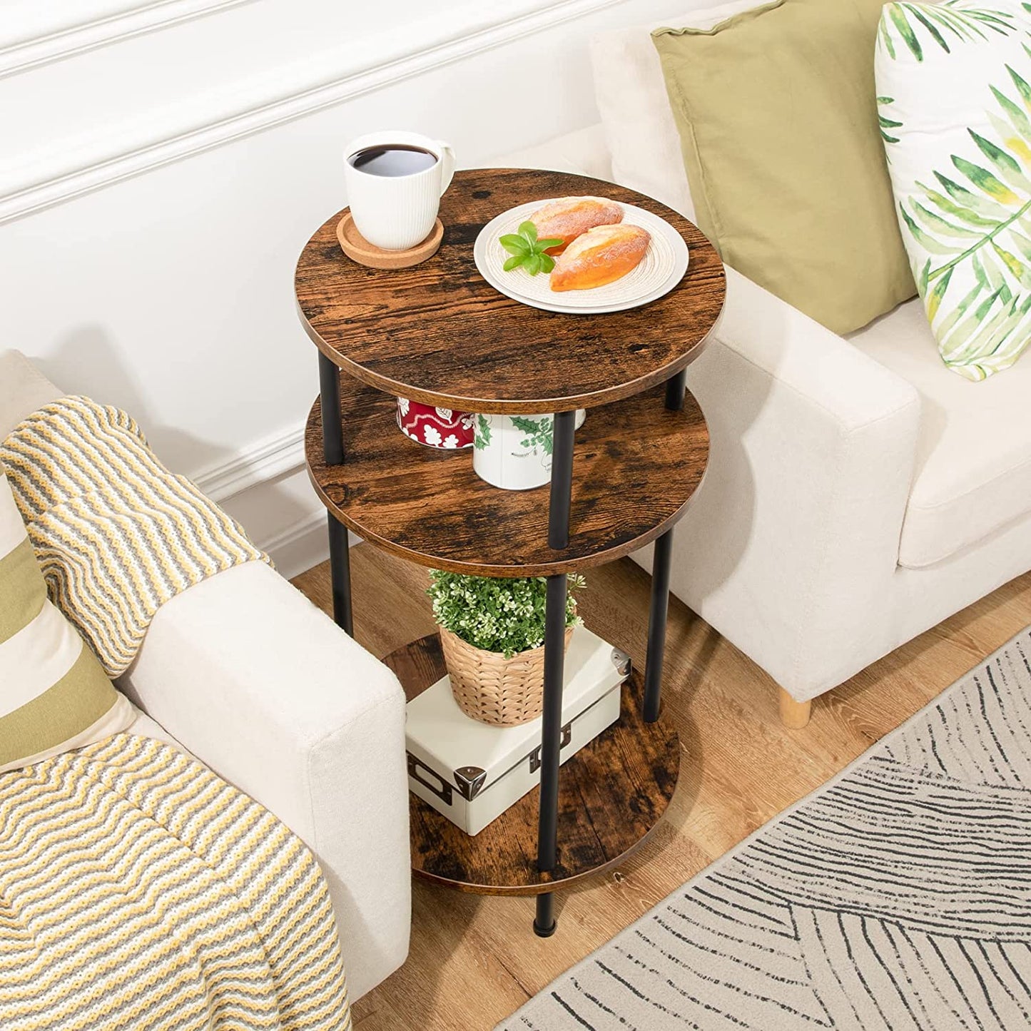 Round Side Table, Tall End Telephone Table, Industrial Nightstand, Sofa Couch Table
