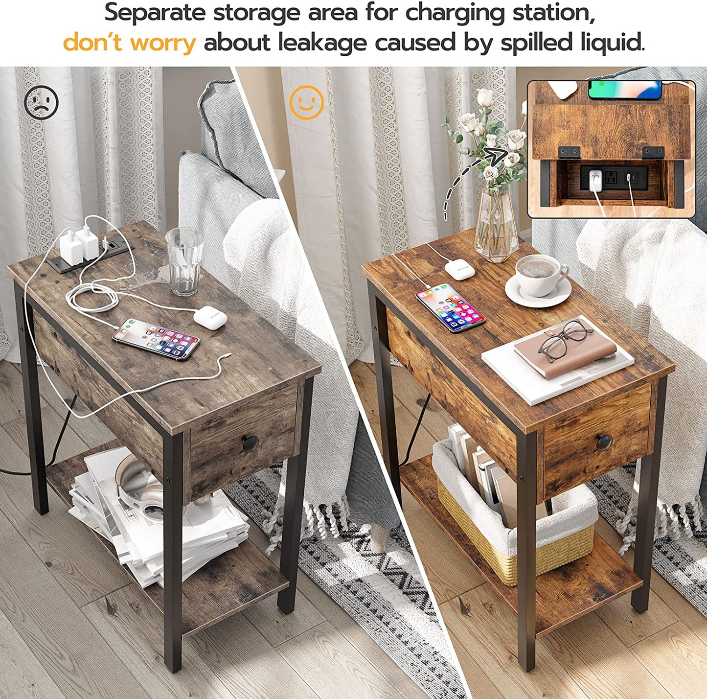 Side Table with Charging Station, End Table with Charging Station and Shelves, Flip Side Table with USB Ports & Power Outlets