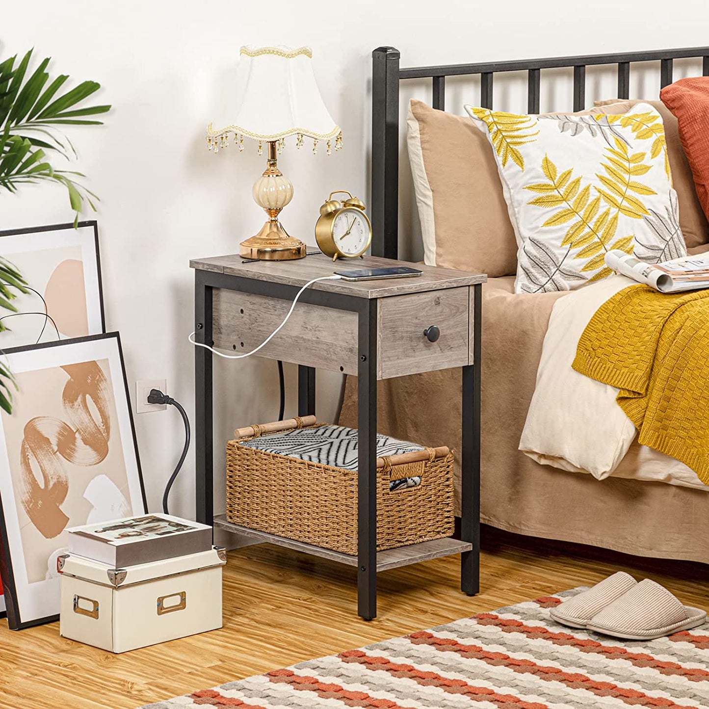 Side Table with Charging Station, Narrow Nightstand with Drawer & USB Ports & Power Outlets, End Table