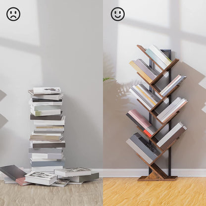 Tree Bookshelf, 9-Tier Bookcase Wooden Shelves, Floor Standing Storage Rack
