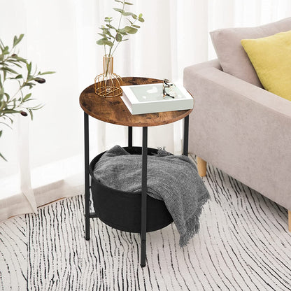 Round Side Table with Removable and Washable Storage Basket, Industrial End Table