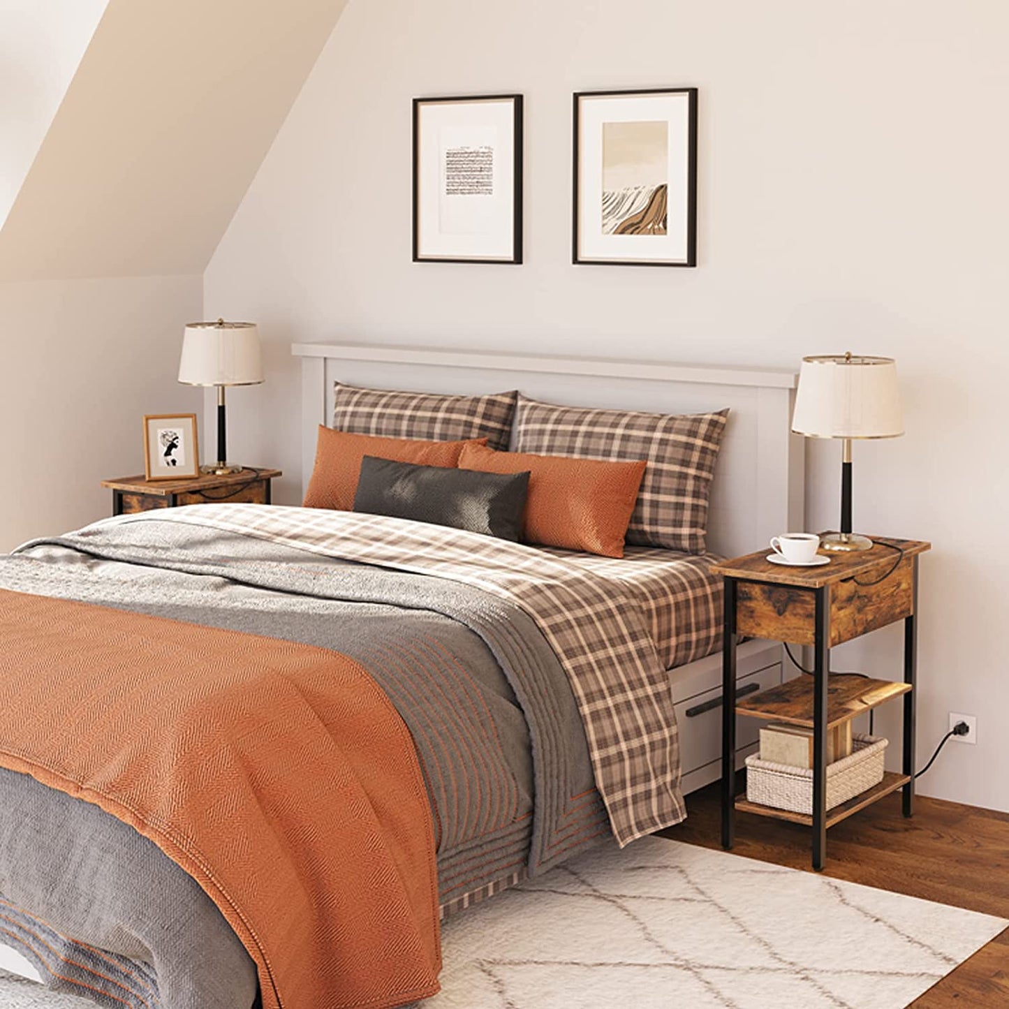 Side Table, Flip End Table with Charging Station and Shelves, USB Ports & Power Outlets, Narrow Nightstand