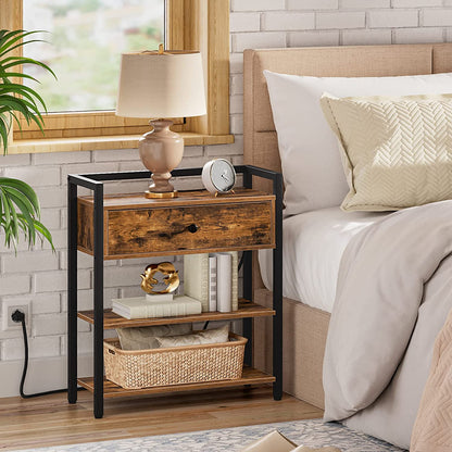 Narrow End Table with Charging Station, Nightstand with USB Ports & Power Outlets