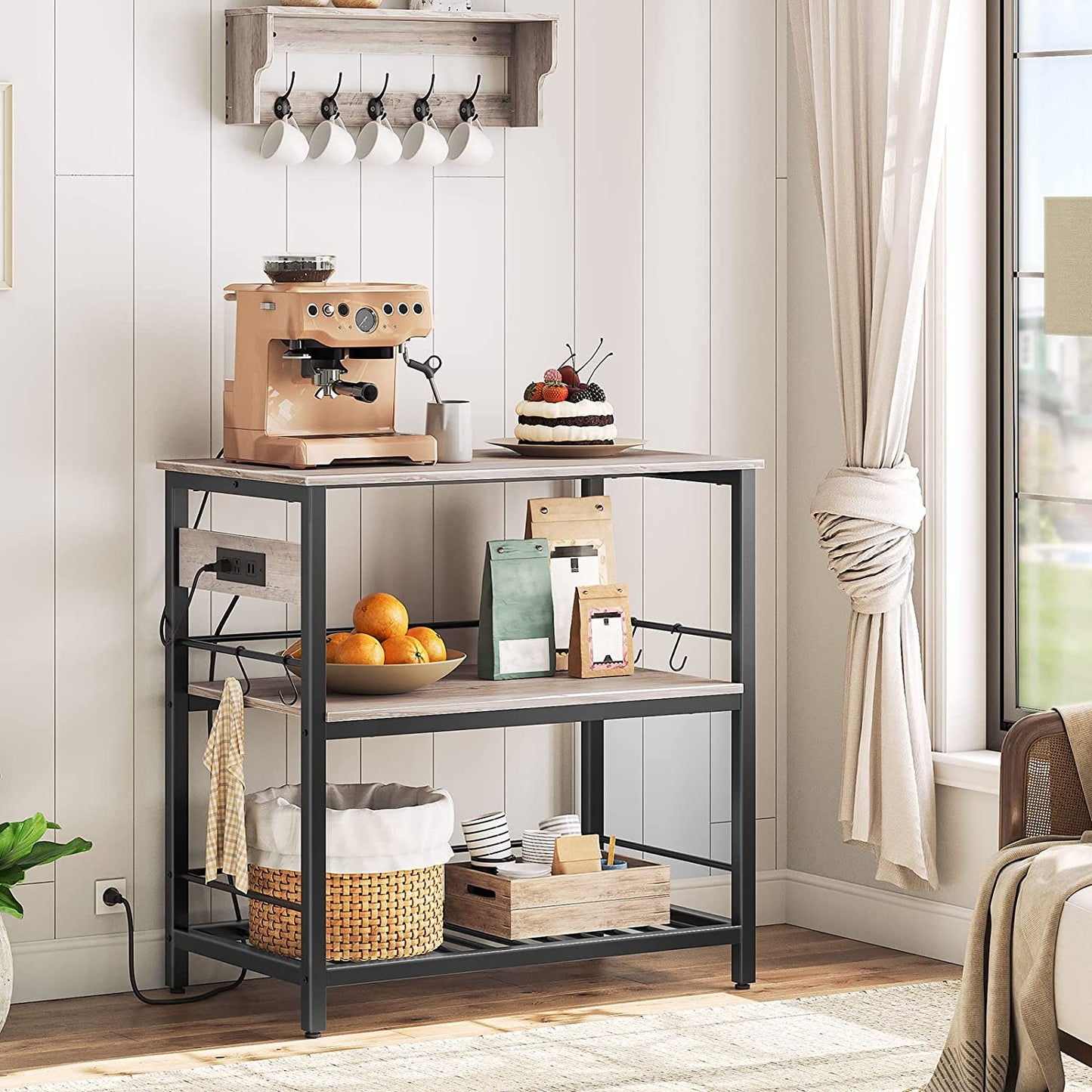 Kitchen Island with Power Outlet, Kitchen Storage Island with Wine Rack and Hooks, 3 Tier Coffee Station and Microwave Stand