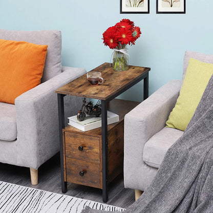 End Table, Set of 2, Side Table with 2 Drawer and Open Shelf, Narrow Nightstand