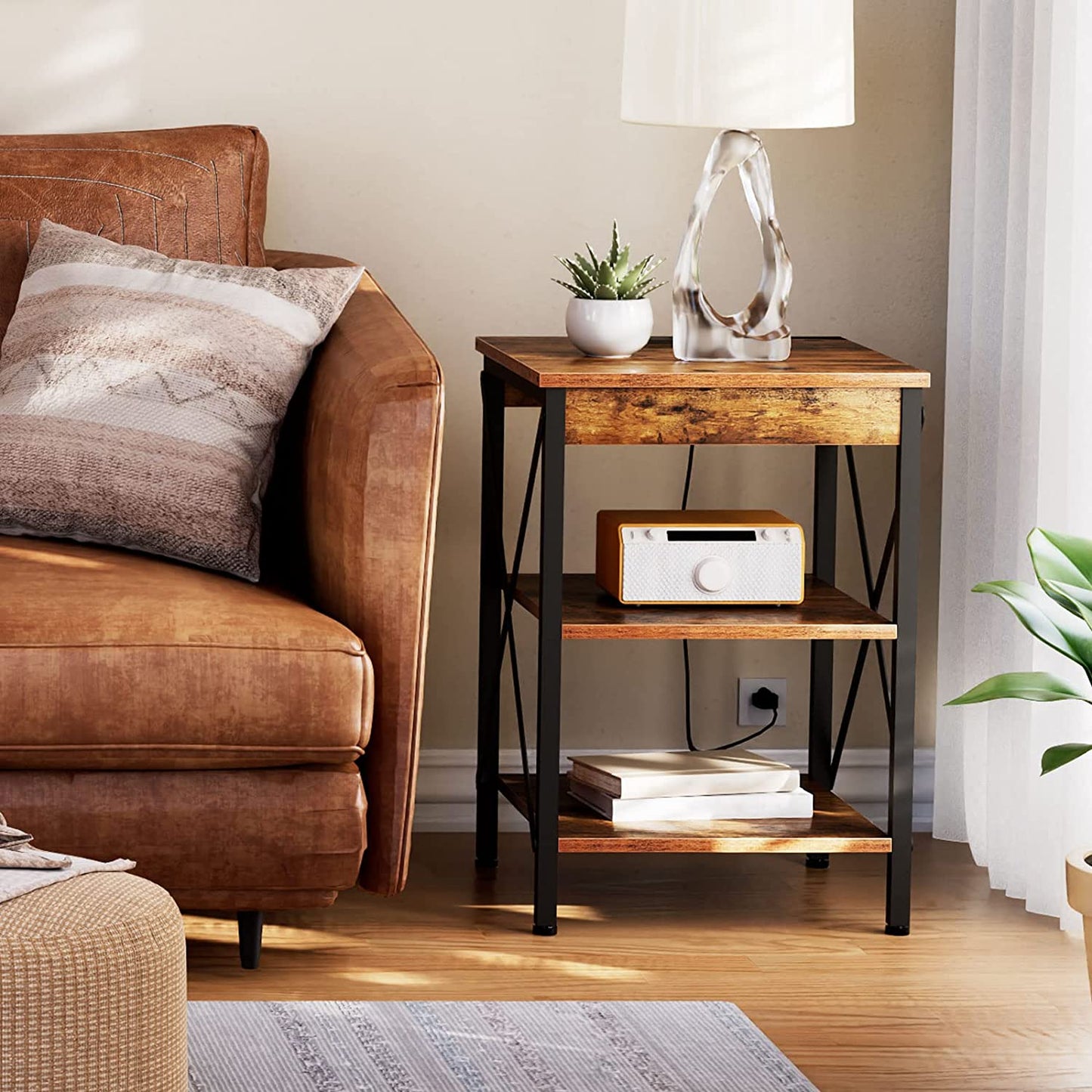 End Table with Charging Station and USB Ports, 3-Tier Side Table, Industrial Nightstand