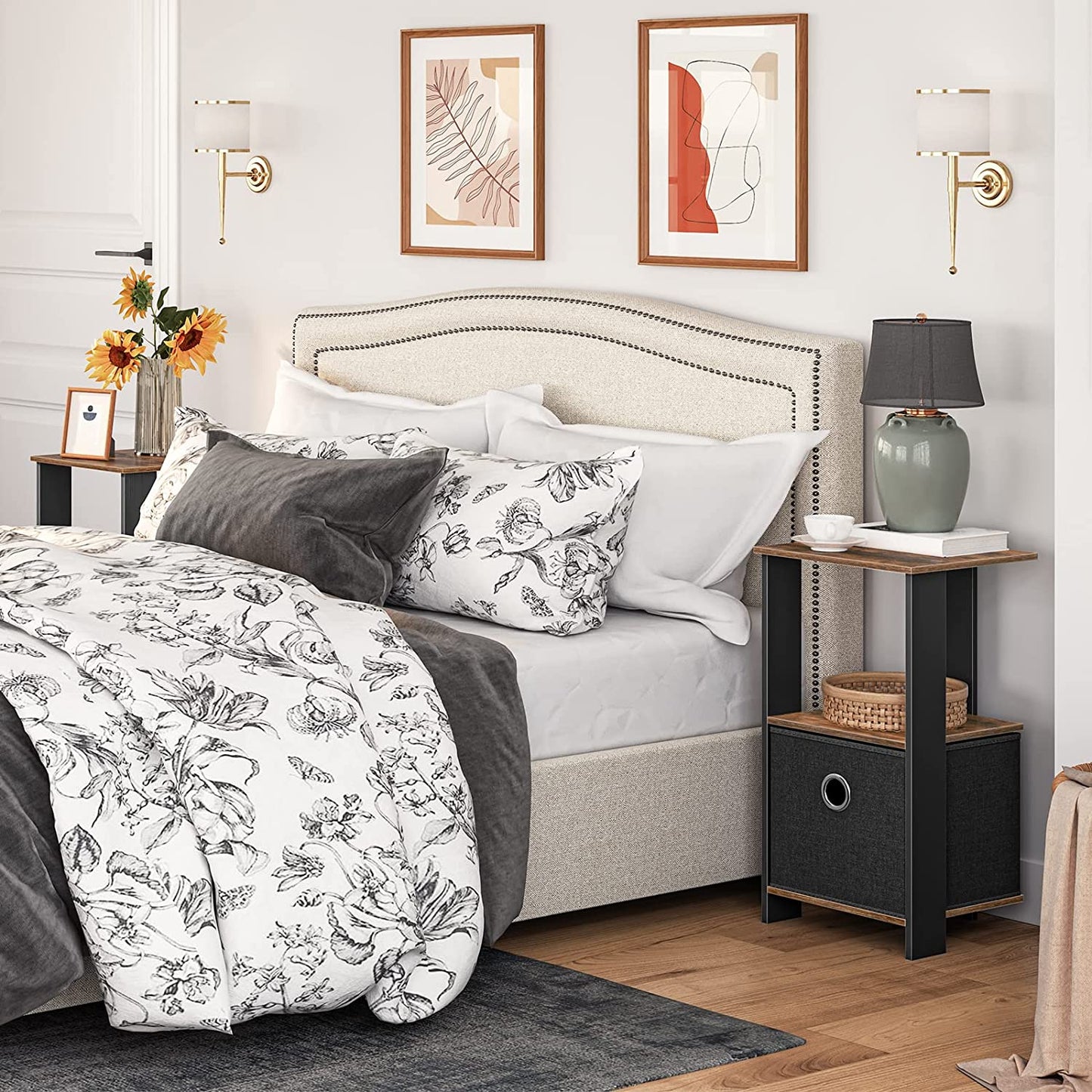 Bedside Table with Pull-Out Collapsible Storage Box, Retro Small Nightstand