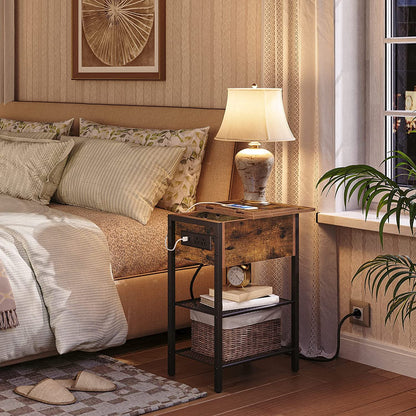 End Table with Charging Station and Shelves, Flip Side Table with USB Ports & Power Outlets