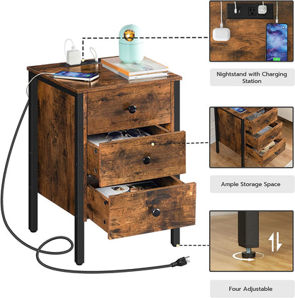 Nightstand, End Table with Charging Station and USB Ports, Side Table with 3 Drawers and Storage Shelf