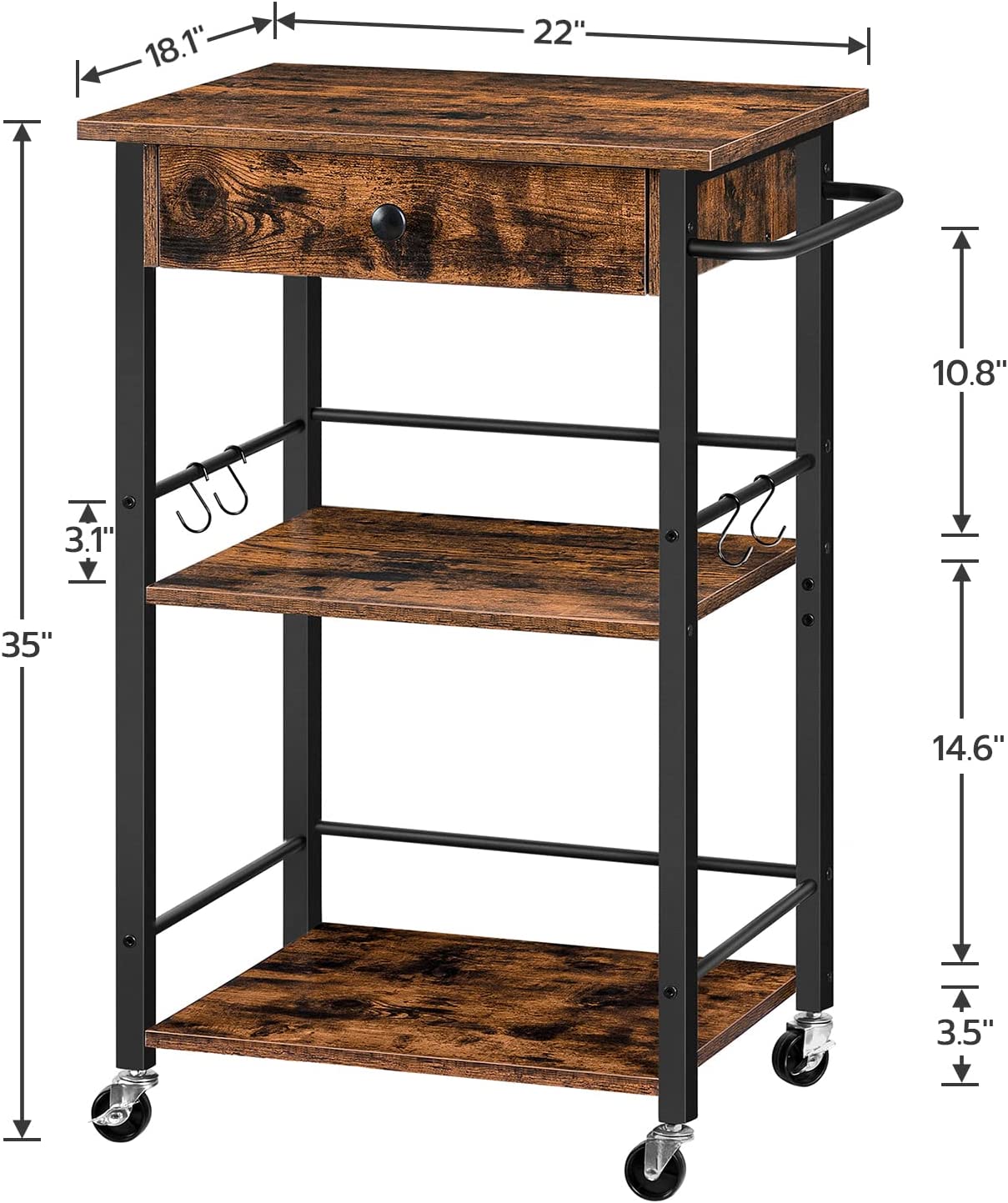 Kitchen Island Cart with Drawer, 3-Tier Storage Cart on Wheels, Kitchen Rolling Cart