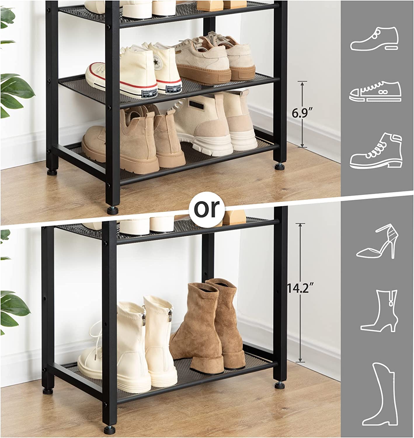 8 Tier Shoe Rack, Narrow Shoe Storage Organizer with 7 Metal Shelves