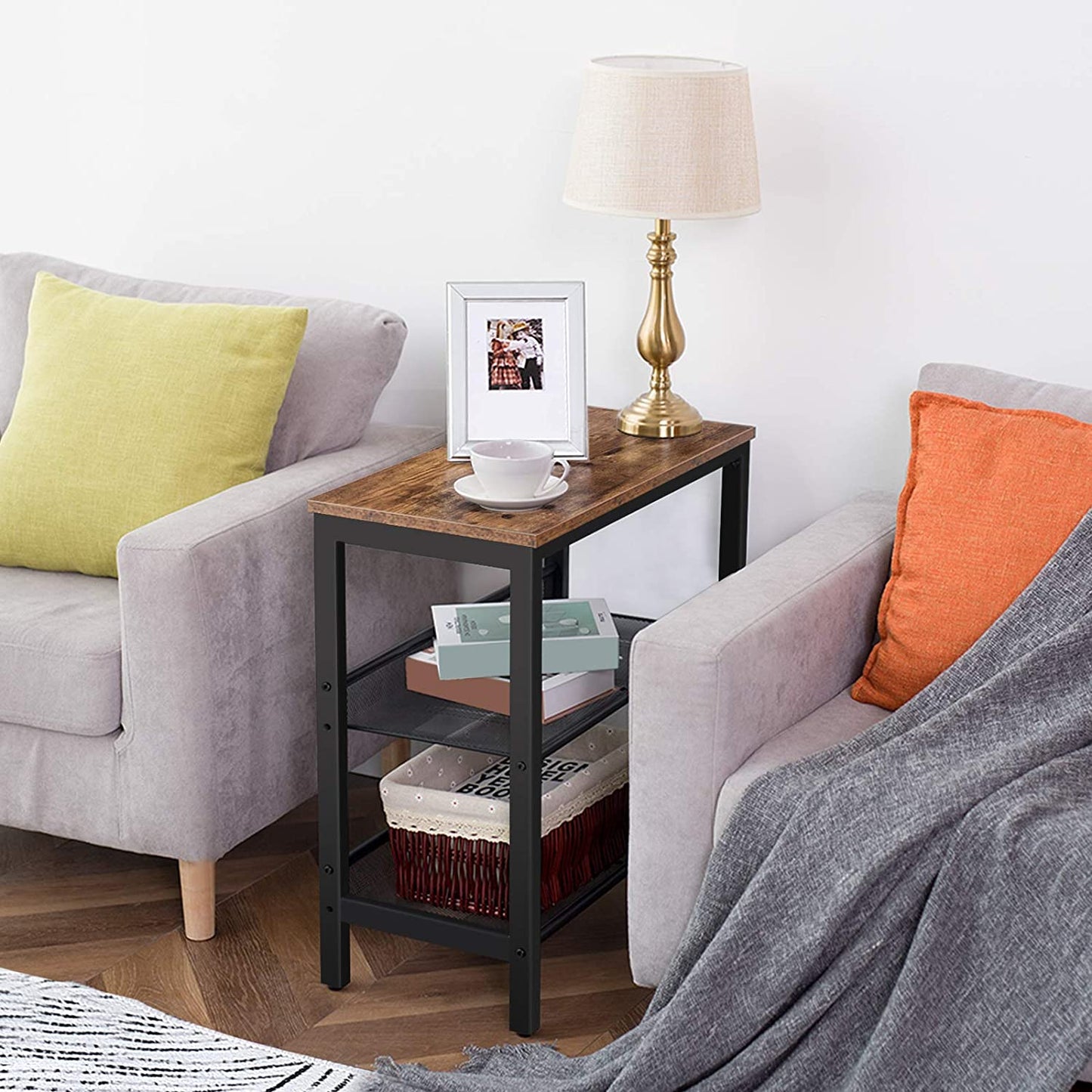 Side Table, 3-Tier Narrow End Table, Nightstand with 2 Flat or Slant Adjustable Shelves