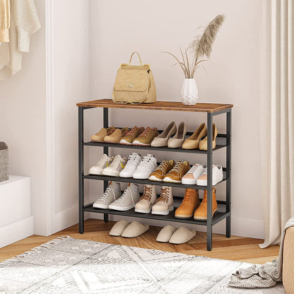 Industrial Shoe Rack, 4-Tier Shoe Shelf, Storage Organizer Unit with 3 Mesh Shelves