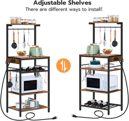 Bakers Rack with Power Outlet, 4-Tier Microwave Stand with Adjustable Wine Rack, Coffee Bar