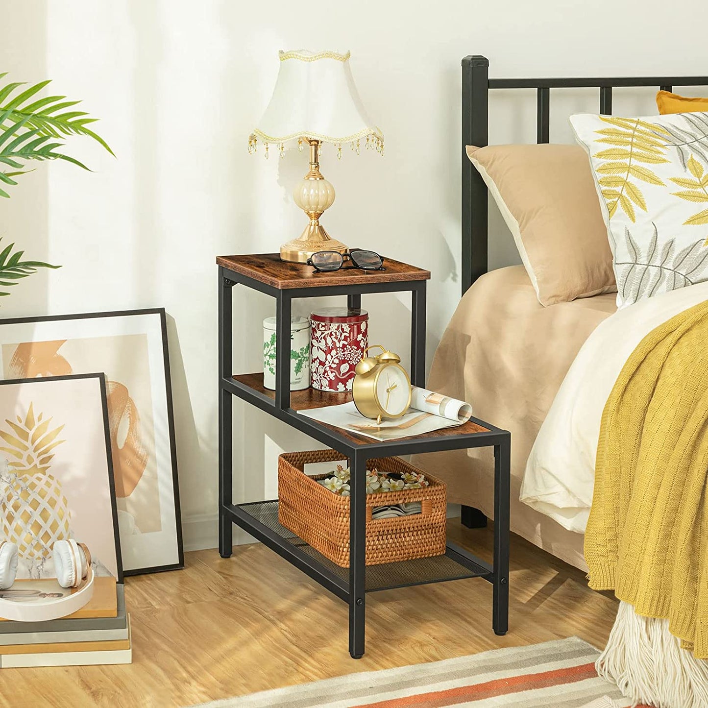 Side Table, 3-Tier Narrow Nightstand with Accent Decorative Ladder Shelf, Industrial Sofa End Table