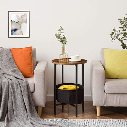 Round Side Table with Removable and Washable Storage Basket, Industrial End Table