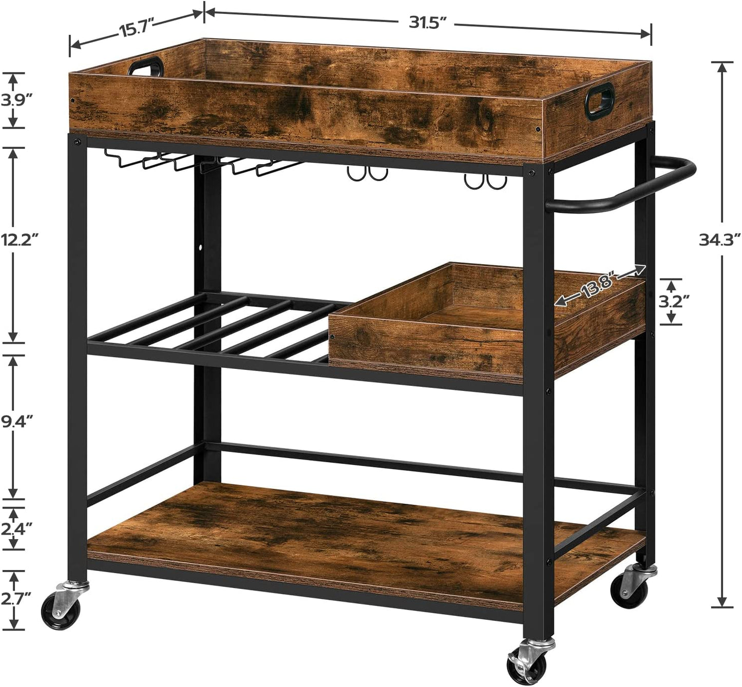 Bar Cart, Serving Cart with Removable Tray, Kitchen Cart with Wine Rack and Cup Holders, Lockable Castors