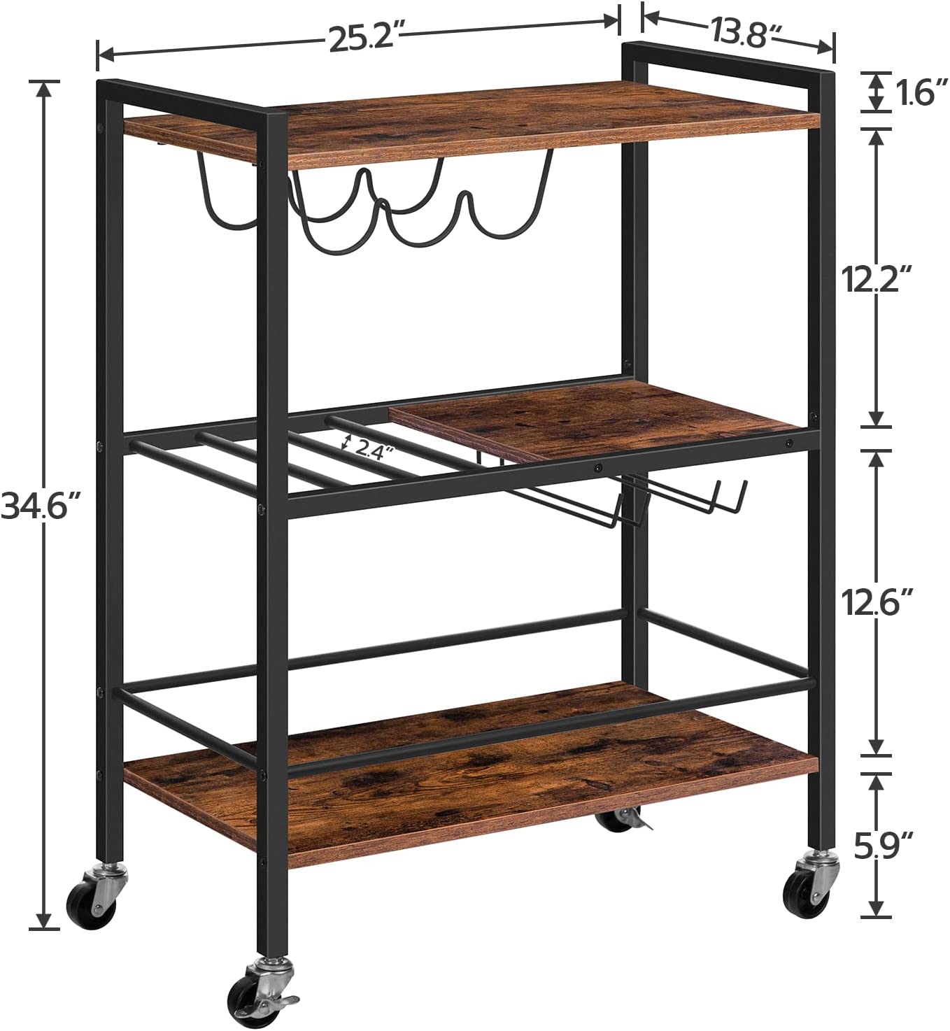 Bar Cart, 3-Tier Serving Cart on Wheels, Kitchen Cart with Wine Rack and Cup Holder