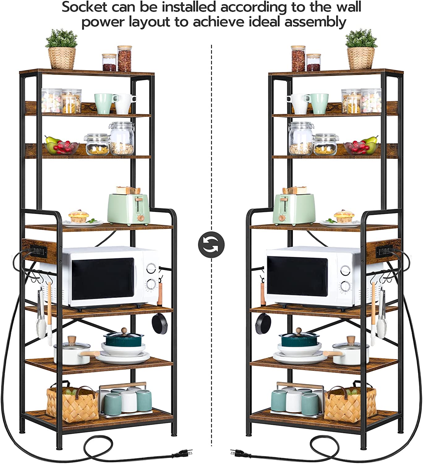 Bakers Rack with Power Outlet, Microwave Stand with 4 S-Shaped Hooks, 7-Tier Kitchen Shelves, Coffee Station