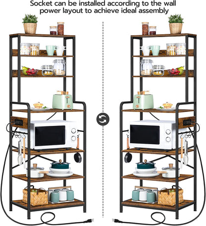 Bakers Rack with Power Outlet, Microwave Stand with 4 S-Shaped Hooks, 7-Tier Kitchen Shelves, Coffee Station