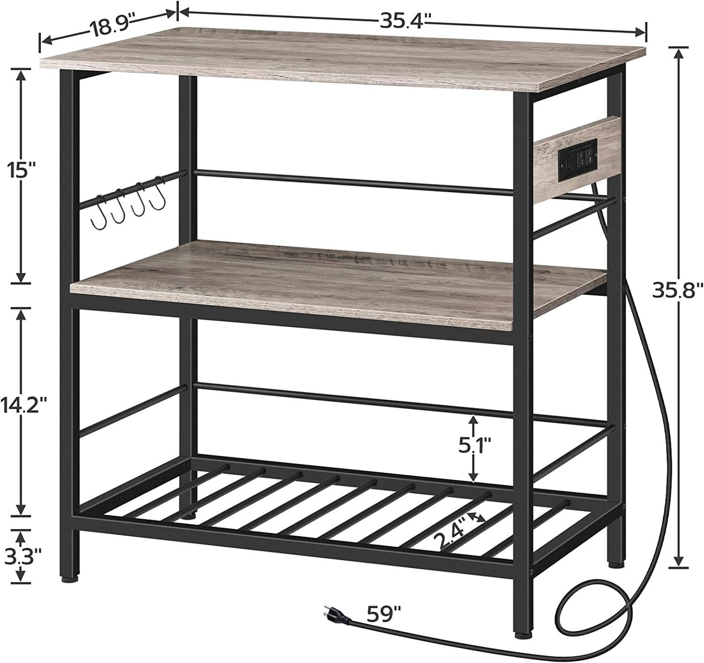 Kitchen Island with Power Outlet, Kitchen Storage Island with Wine Rack and Hooks, 3 Tier Coffee Station and Microwave Stand