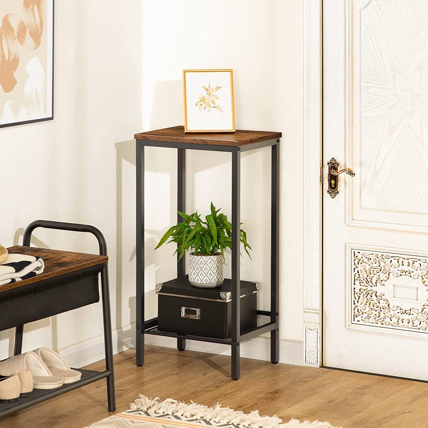 Tall Side Table, Industrial End Telephone Table with Adjustable Mesh Shelves, Small Entryway Table, Laptop Table