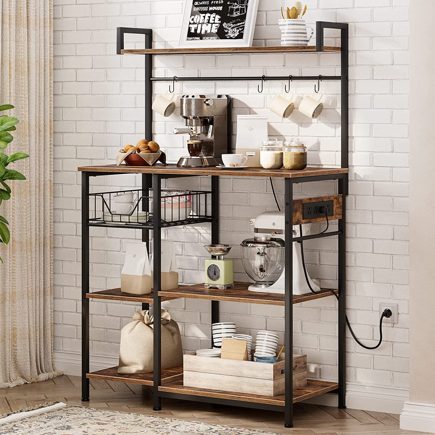 Bakers Rack with Power Outlet, Microwave Stand with Mesh Basket, Coffee Station, Kitchen Shelf