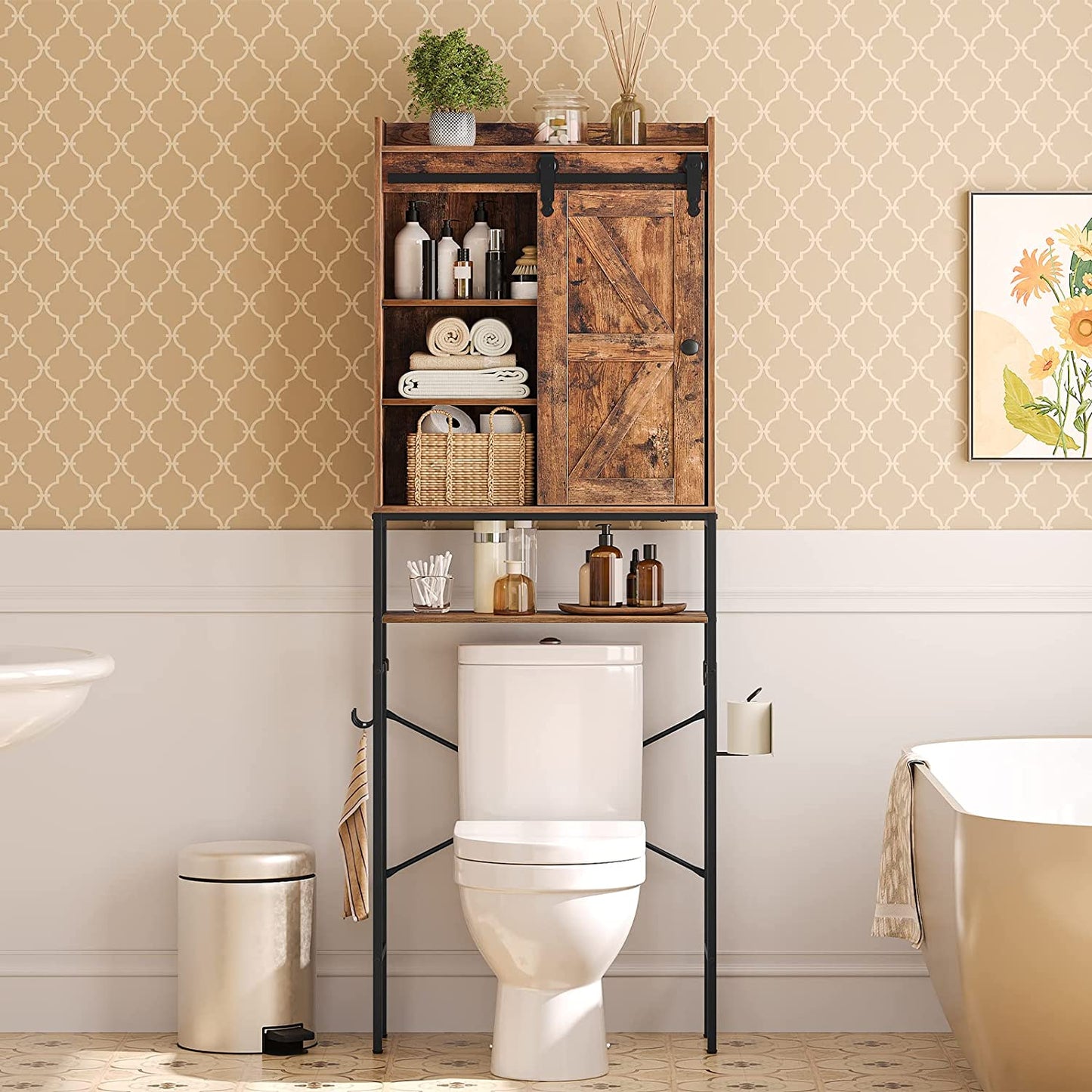 Over The Toilet Storage Cabinet, 5 Tier Over Toilet Bathroom Organizer with Sliding Door