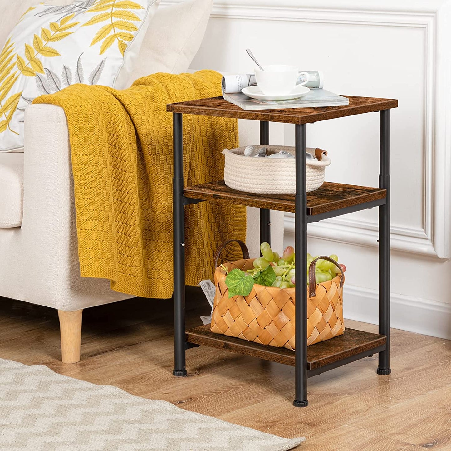 Side Table, Height-Adjustable Nightstand with Storage Shelves, 3-Tier Tall Industrial End Table, Coffee Table