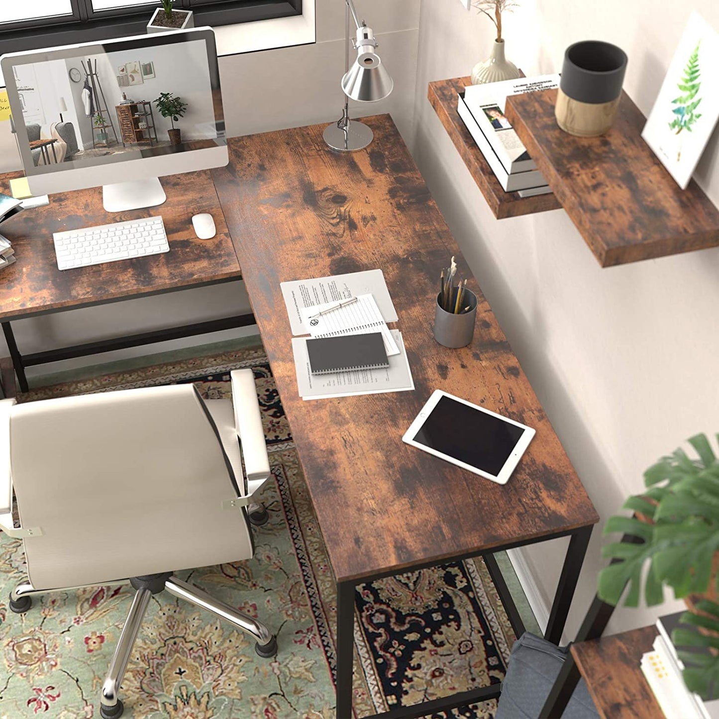 L-Shaped Computer Desk, Industrial Corner Writing Desk with Adjustable Shelves, Study Workstation