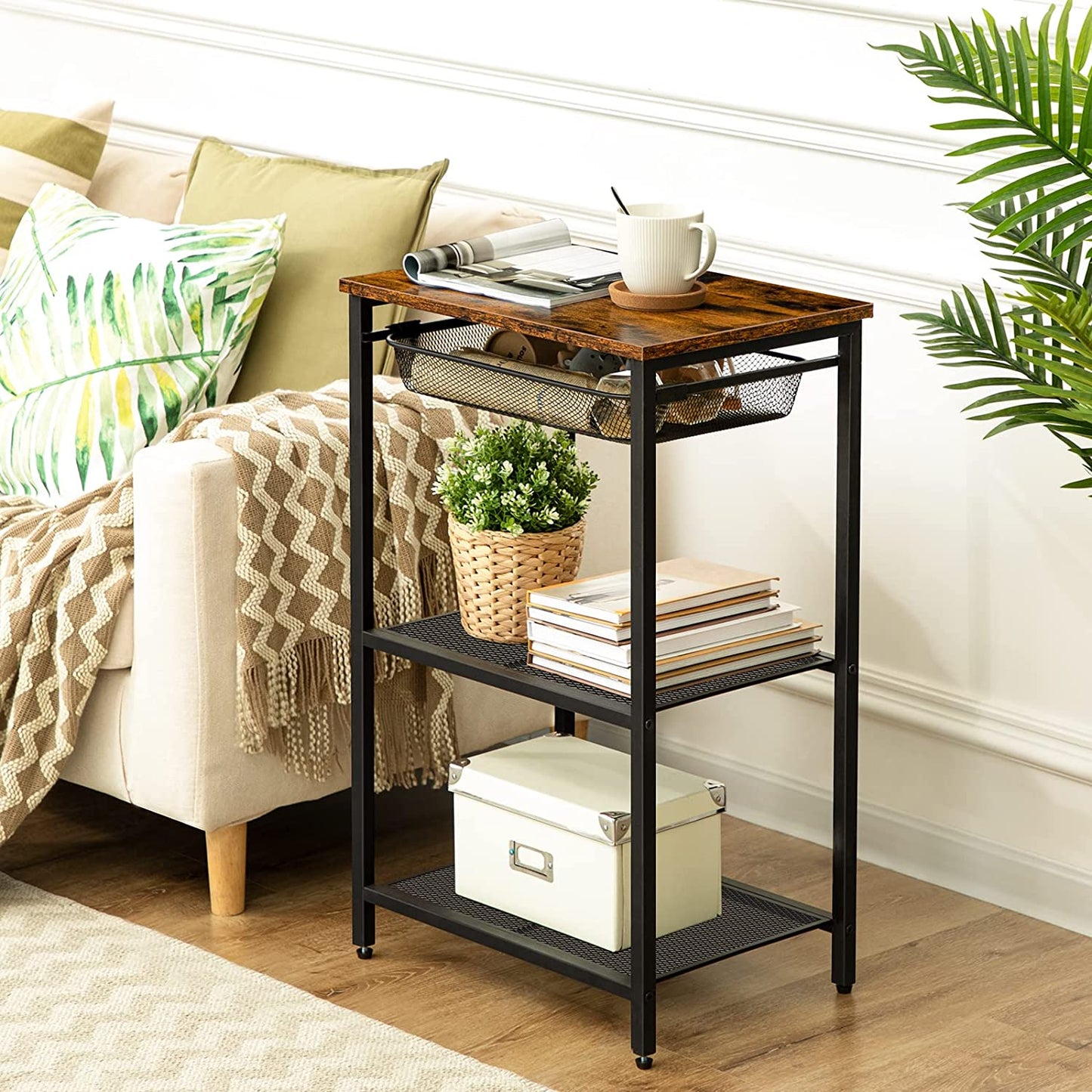 Tall Side Table, Industrial End Table with Adjustable Metal Mesh Basket, Telephone Table with Storage Shelf