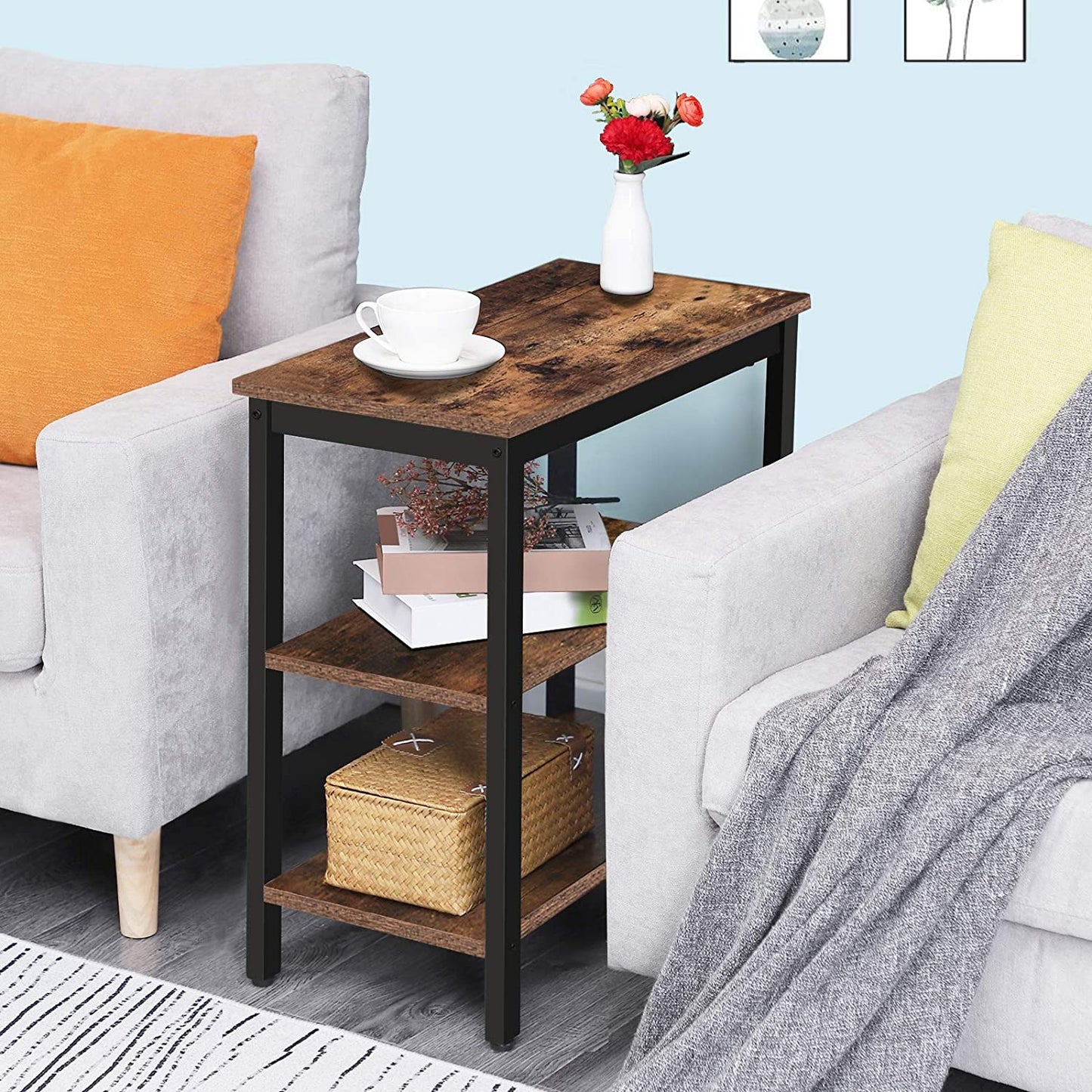 End Table, Simple Rustic Side Table with 3-Tier Storage Shelf, Narrow Nightstand