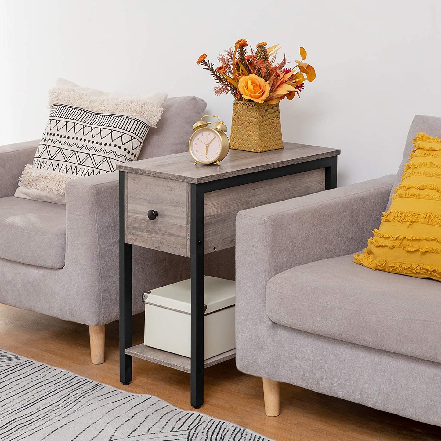 Side Table, 2-Tier Nightstand with Drawer, Narrow End Table
