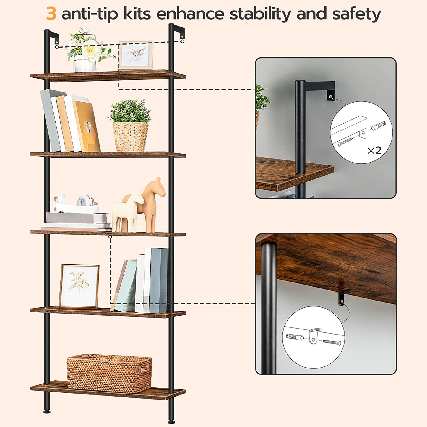 DIY Ladder Shelf, 5-Tier Wall Mounted Bookshelf, Office Vertical Bookcase, Wooden Storage Shelves