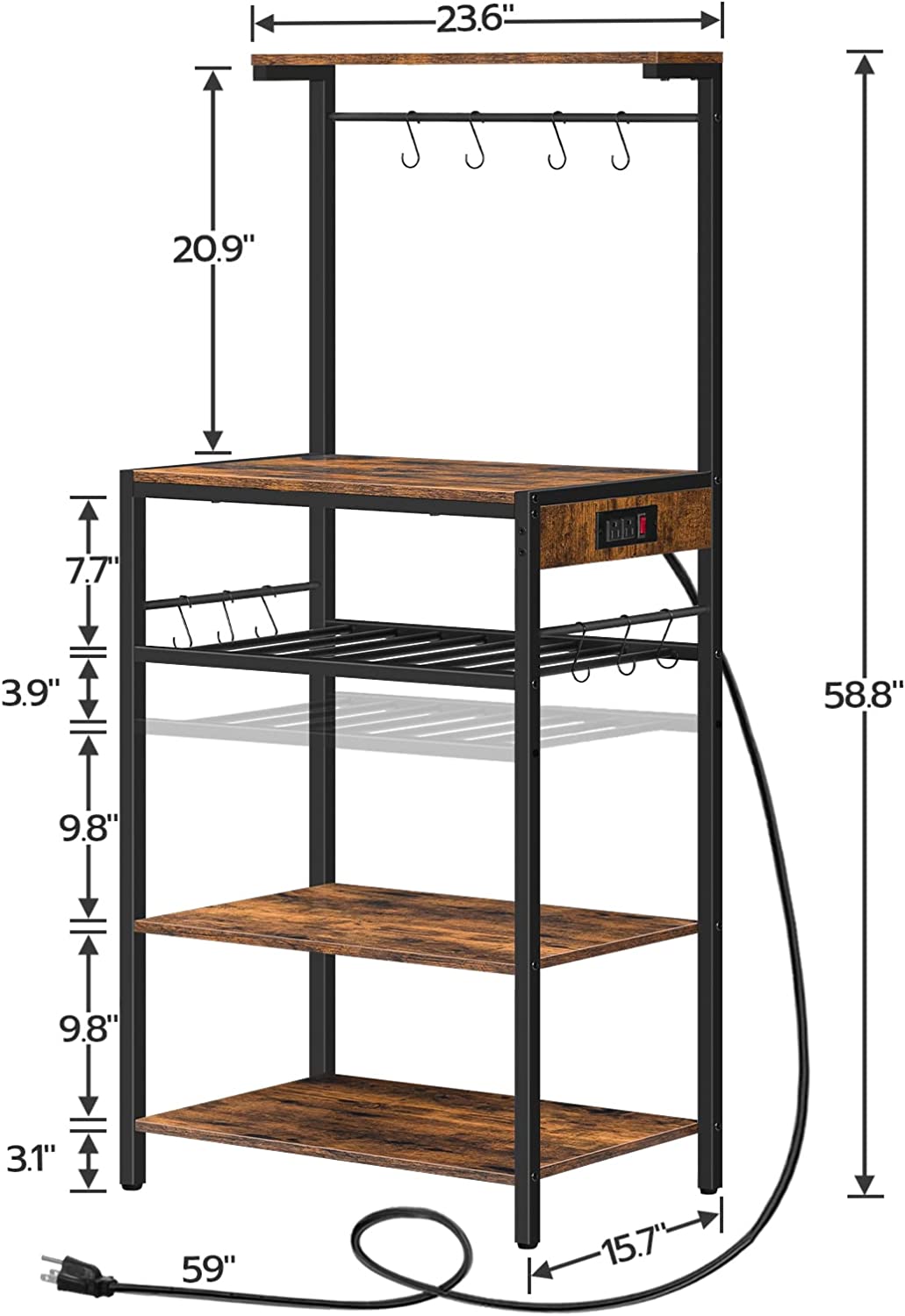 Bakers Rack with Power Outlet, 4-Tier Microwave Stand with Adjustable Wine Rack, Coffee Bar
