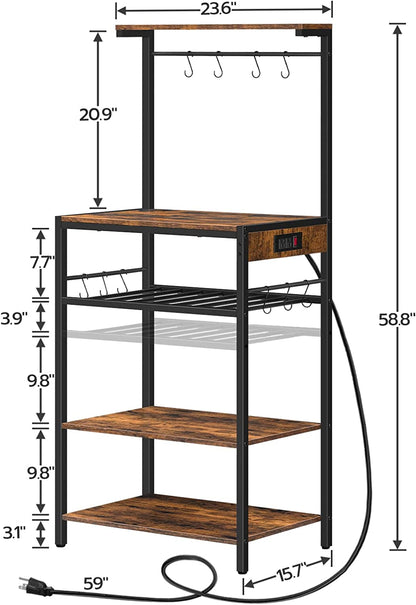 Bakers Rack with Power Outlet, 4-Tier Microwave Stand with Adjustable Wine Rack, Coffee Bar