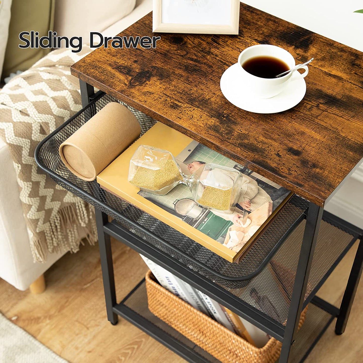 Tall Side Table, Industrial End Table with Adjustable Metal Mesh Basket, Telephone Table with Storage Shelf