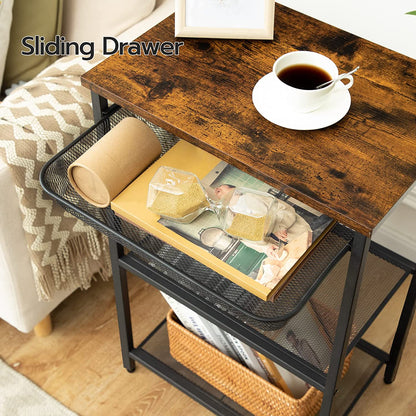 Tall Side Table, Industrial End Table with Adjustable Metal Mesh Basket, Telephone Table with Storage Shelf