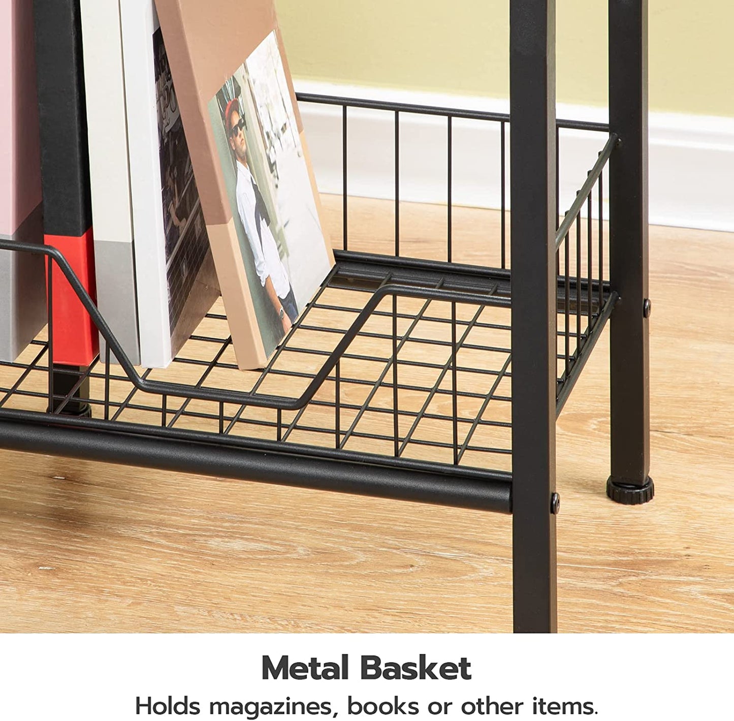 Tall Nightstand, End Table with Drawer and a mesh Steel Basket Black, Bedside Table