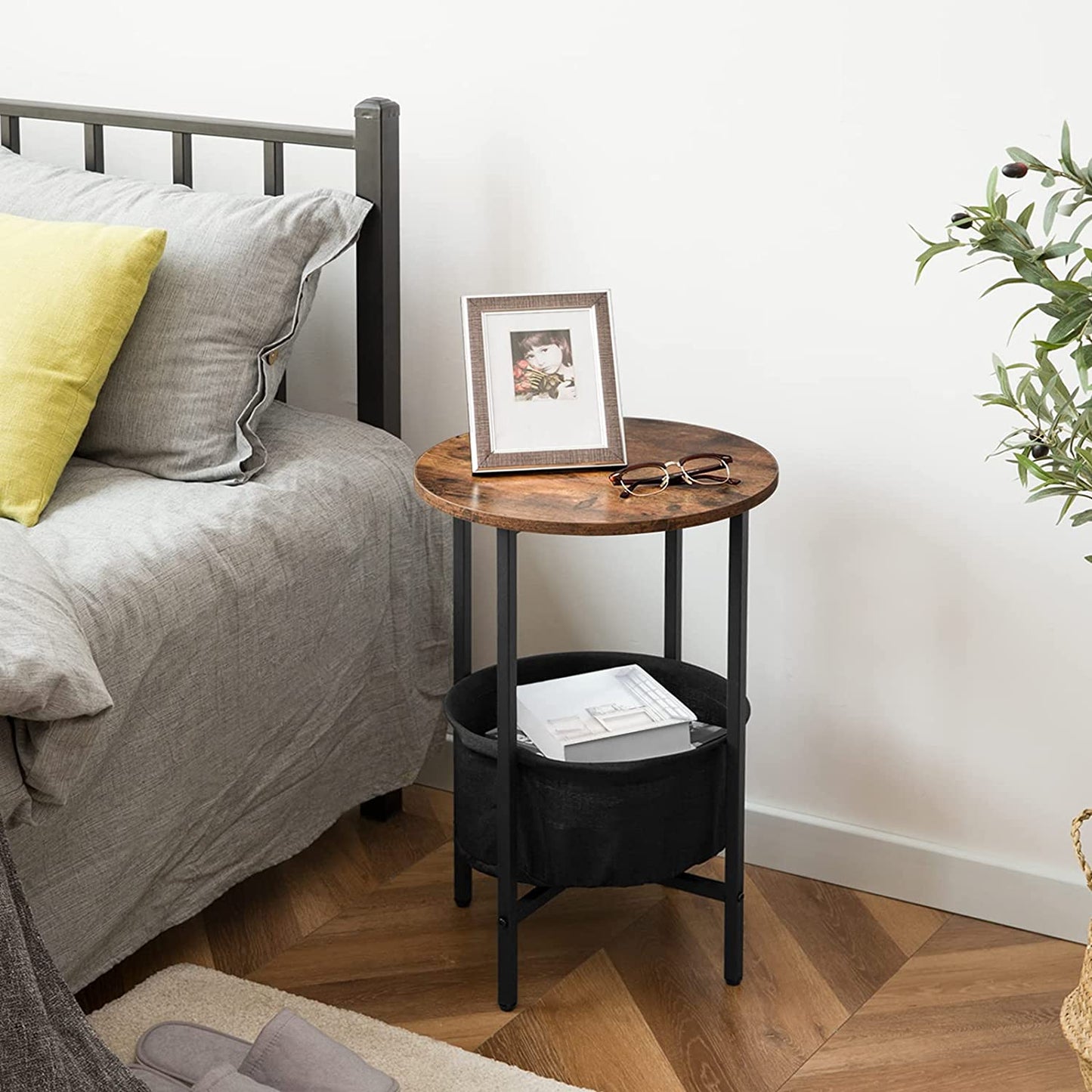 Round Side Table with Removable and Washable Storage Basket, Industrial End Table
