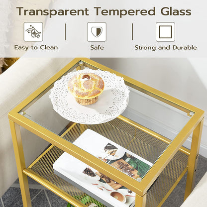 Tall End Table, Tempered Glass Telephone Table with Mesh Shelf, 3-Tier High and Narrow Side Table