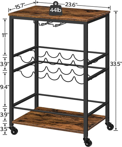 Bar Cart, 3-Tier Rolling Serving Cart on Wheels, Storage Cart with 2-Tier Glass Holder and Wine Bottle Racks