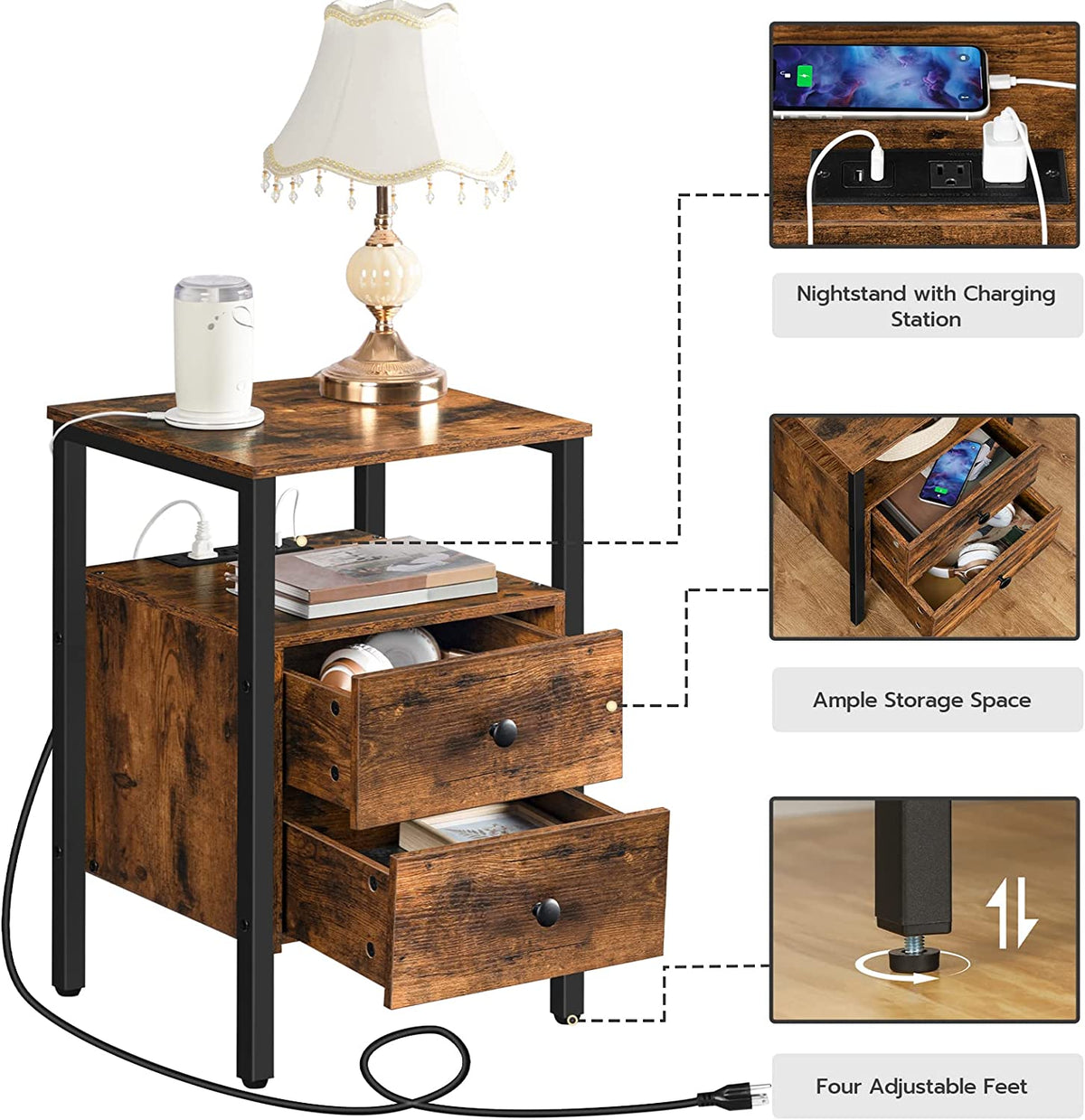 End Table with Charging Station, Side Table with 2 Drawer & USB Ports & Power Outlets, Nightstand