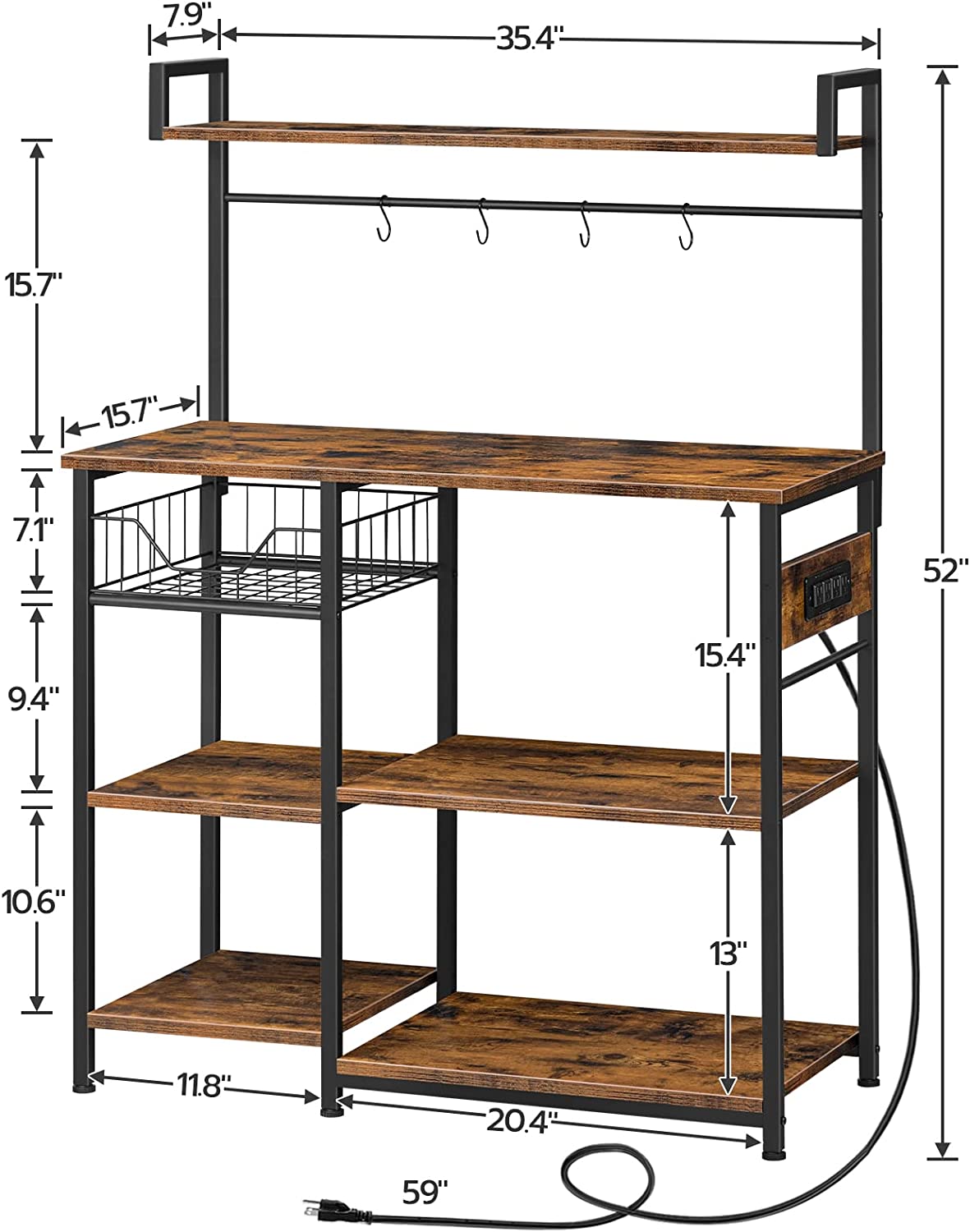 Bakers Rack with Power Outlet, Microwave Stand with Mesh Basket, Coffee Station, Kitchen Shelf