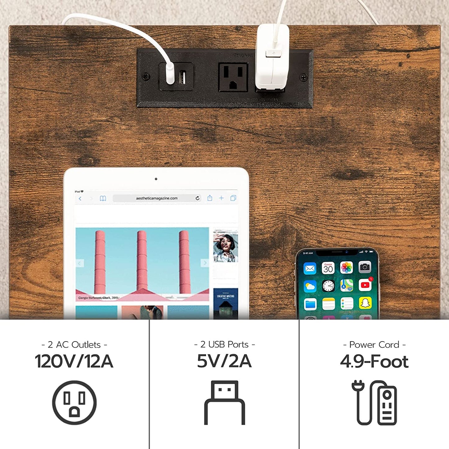 Set of 2 End Tables with Charging Station and USB Ports, Nightstand with Drawer and Storage Shelf