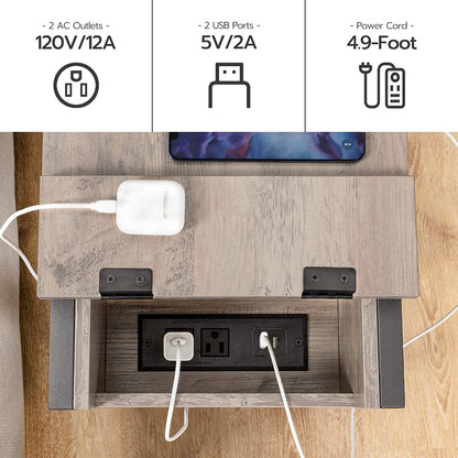 Side Table with Charging Station, Narrow Nightstand with Drawer & USB Ports & Power Outlets, End Table