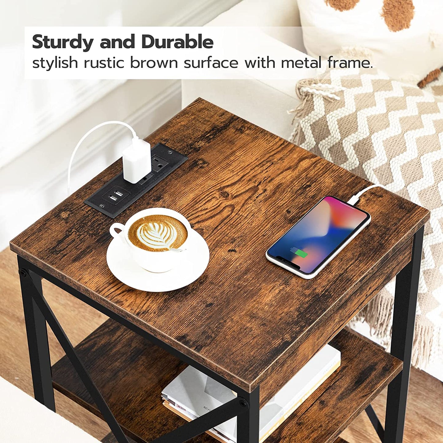 End Table with Charging Station and USB Ports, 3-Tier Side Table, Industrial Nightstand