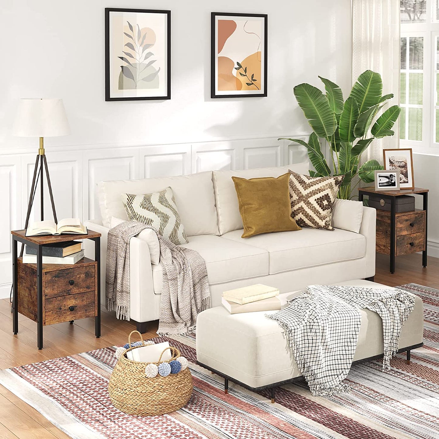Nightstand, Bedside Table with 2 Drawers and Storage Shelves, Side End Table, Sofa Table