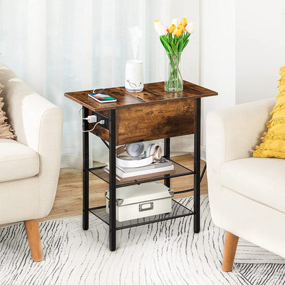 Side Table with Charging Station, End Table with Charging Station and Shelves, Flip Side Table with USB Ports & Power Outlets